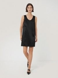 JIGSAW Bonded Satin Mini Dress in Black ~ minimalist LBD ~ sleeveless shift dresses ~ women’s minimal look party clothing