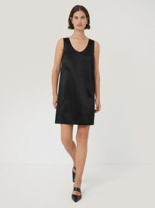 JIGSAW Bonded Satin Mini Dress in Black ~ minimalist LBD ~ sleeveless shift dresses ~ women’s minimal look party clothing