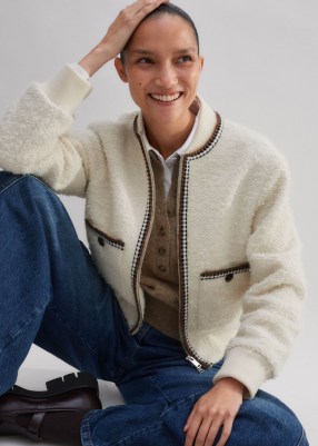 ME and EM Bouclé Bomber Jacket Ivory ~ women’s textured baseball collar front zip up jackets