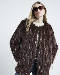 RIVER ISLAND Brown Faux Fur Sequin Fringe Jacket ~ women’s shaggy retro look jackets ~ fringed fashion