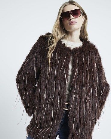 RIVER ISLAND Brown Faux Fur Sequin Fringe Jacket ~ women’s shaggy retro look jackets ~ fringed fashion