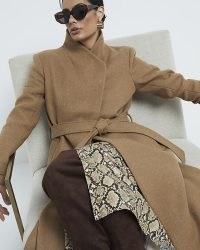 River Island Brown Italian Wool Blend Belted Wrap Coat | chic high collar longline winter coats