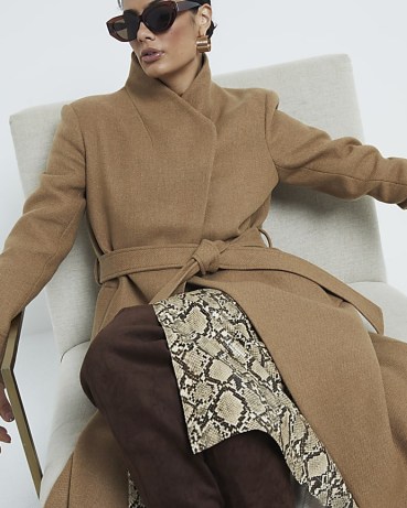 River Island Brown Italian Wool Blend Belted Wrap Coat | chic high collar longline winter coats