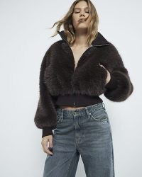 RIVER ISLAND Brown Knitted Faux Fur Bomber Jacket ~ women’s fluffy cropped front zip up jackets