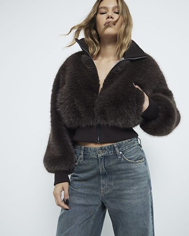 RIVER ISLAND Brown Knitted Faux Fur Bomber Jacket ~ women’s fluffy cropped front zip up jackets