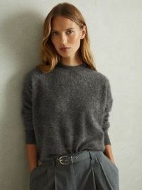 Reiss Misha Brushed Cashmere Crew Neck Jumper in Charcoal | women’s dark grey fluffy jumpers