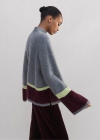 ME and EM Brushed Cashmere Relaxed Stripe Jumper in Grey/Merlot/Lime | women’s luxury grey striped jumper