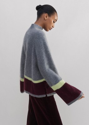 ME and EM Brushed Cashmere Relaxed Stripe Jumper in Grey/Merlot/Lime | women’s luxury grey striped jumper