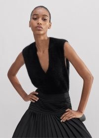 ME and EM Brushed Cashmere V-Neck Crop Vest in Black | fluffy textured vests | luxe sleeveless sweater