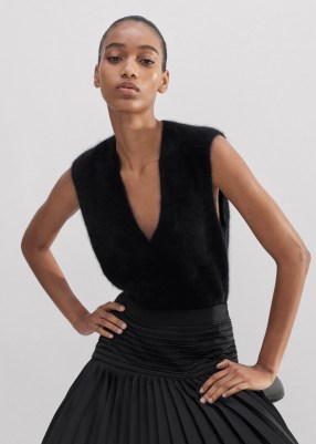 ME and EM Brushed Cashmere V-Neck Crop Vest in Black | fluffy textured vests | luxe sleeveless sweater