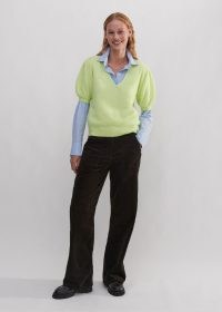 ME and EM Brushed Cashmere V-Neck Knit Tee in Ice Lime | knitted short puff sleeve top | luxe knits