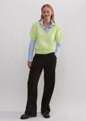 ME and EM Brushed Cashmere V-Neck Knit Tee in Ice Lime | knitted short puff sleeve top | luxe knits