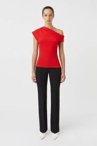 CAMILLA AND MARC Cali Off-the-shoulder Top in Poppy Red ~ textured asymmetric tops ~ women’s sustainable clothing