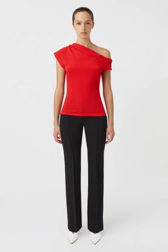 CAMILLA AND MARC Cali Off-the-shoulder Top in Poppy Red ~ textured asymmetric tops ~ women’s sustainable clothing