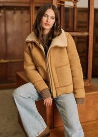 Sezane Calixte Coat in Dark beige / Ecru ~ women’s luxe tan winter jacket ~ women’s short length light brown leather shearling lined coats