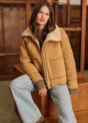 Sezane Calixte Coat in Dark beige / Ecru ~ women’s luxe tan winter jacket ~ women’s short length light brown leather shearling lined coats