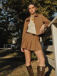 Reformation Brynlee Two Piece in Camel ~ light brown fashion sets ~ pleated mini skirt and collared jacket co-ord ~ sustainable clothing ~ deadstock fabric clothes