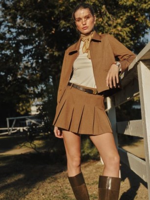 Reformation Brynlee Two Piece in Camel ~ light brown fashion sets ~ pleated mini skirt and collared jacket co-ord ~ sustainable clothing ~ deadstock fabric clothes