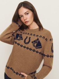 Reformation Alexandria Cashmere Horse Sweater in Camel Navy ~ women’s brown equestrian themed sweaters ~ sustainable knitwear