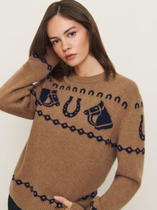 Reformation Alexandria Cashmere Horse Sweater in Camel Navy ~ women’s brown equestrian themed sweaters ~ sustainable knitwear