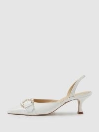 Camilla Elphick Leather Slingback Kitten Heels in Snow White – chic pearl embellished buckle slingbacks – luxe ladylike shoes