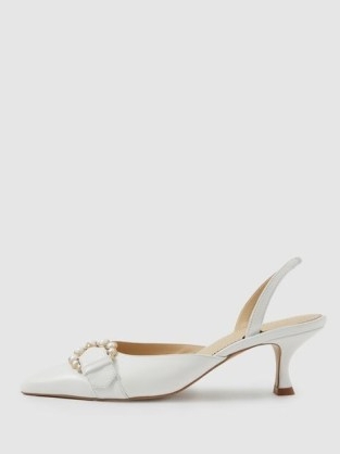 Camilla Elphick Leather Slingback Kitten Heels in Snow White – chic pearl embellished buckle slingbacks – luxe ladylike shoes