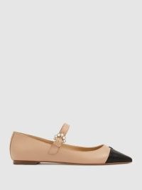 Camilla Elphick Eva Leather Pointed Flats Taupe / Black – flat heel pearl buckle Mary Jane shoes