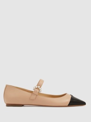 Camilla Elphick Eva Leather Pointed Flats Taupe / Black – flat heel pearl buckle Mary Jane shoes