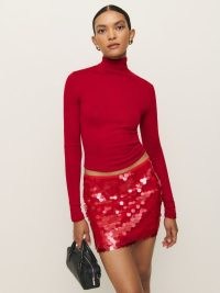 Reformation Carla Low Waist Skirt in Candy Apple | women’s red sequinned short length skirts | womens shimmering party clothes