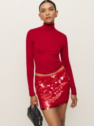 Reformation Carla Low Waist Skirt in Candy Apple | women’s red sequinned short length skirts | womens shimmering party clothes