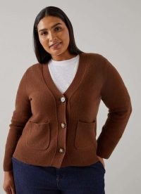 L.K. BENNETT Carine Chocolate Wool Cardigan ~ women’s brown V-neck pocket detail cardigans