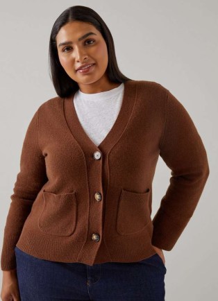 L.K. BENNETT Carine Chocolate Wool Cardigan ~ women’s brown V-neck pocket detail cardigans