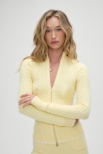 Frankies Bikinis Carter Cable Knit Sweater in Vanilla Sugar | fitted zip up high mock neck sweaters