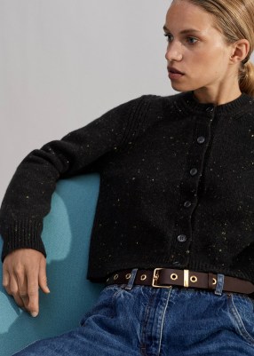 ME and EM Cashmere-Blend Speckle Crop Cardigan Black ~ women’s luxurious straight fit crew neck speckled cardigans