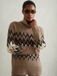 Reiss Bobbi Chunky Fairisle Knit Funnel Neck Jumper in Brown / women’s textured patterned jumpers / neutral knits