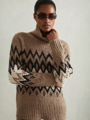 Reiss Bobbi Chunky Fairisle Knit Funnel Neck Jumper in Brown / women’s textured patterned jumpers / neutral knits