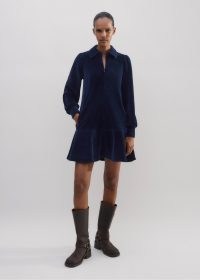 me and em Cord Velour Shift Dress in Ink – short length blue corduroy collared tiered hem dresses