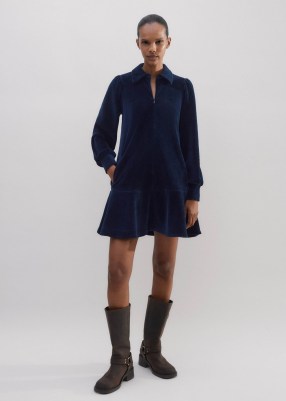 me and em Cord Velour Shift Dress in Ink – short length blue corduroy collared tiered hem dresses