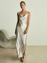 Reiss Paisley Cowl Neck Hammered Satin Slip Dress in Silver | silky strappy draped neck maxi dresses