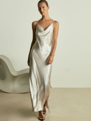 Reiss Paisley Cowl Neck Hammered Satin Slip Dress in Silver | silky strappy draped neck maxi dresses