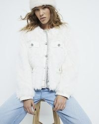 RIVER ISLAND Cream Faux Fur Embellished Military Coat ~ women’s glamorous fake fur jacket ~ fluffy short length winter coats ~ cold weather glamour ~ glamorous outerwear