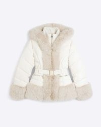 RIVER ISLAND Cream Faux Fur Padded Jacket ~ womens belted fake fur trimmed jackets ~ womens hooded short length winter coat