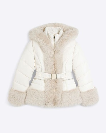 RIVER ISLAND Cream Faux Fur Padded Jacket ~ womens belted fake fur trimmed jackets ~ womens hooded short length winter coat