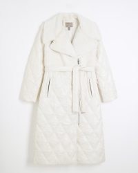 RIVER ISLAND Cream Faux Fur Quilted Longline Coat ~ women’s quilted zip up tie waist winter coats