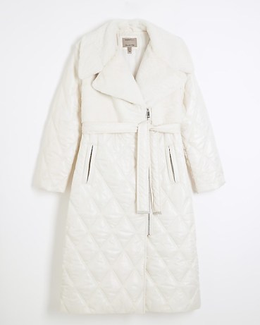 RIVER ISLAND Cream Faux Fur Quilted Longline Coat ~ women’s quilted zip up tie waist winter coats