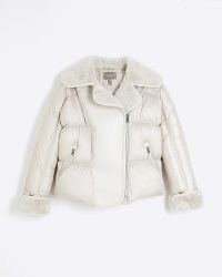 RIVER ISLAND Cream Faux Leather Jacket ~ women’s padded fake fur lined bike inspired winter jackets