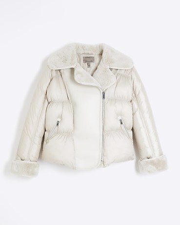 RIVER ISLAND Cream Faux Leather Jacket ~ women’s padded fake fur lined bike inspired winter jackets