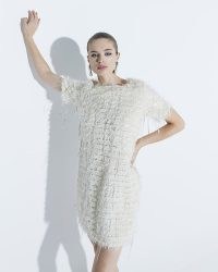 RIVER ISLAND Cream Sequin Fringe Dress ~ sequinned short sleeved fringed dresses ~ glamorous going out fashion