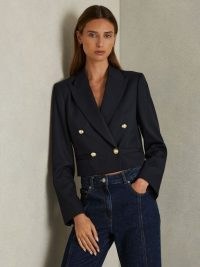 REISS Leigh Cropped Wool-Blend Double-Breasted Blazer Navy ~ women’s chic dark blue crop hem blazers