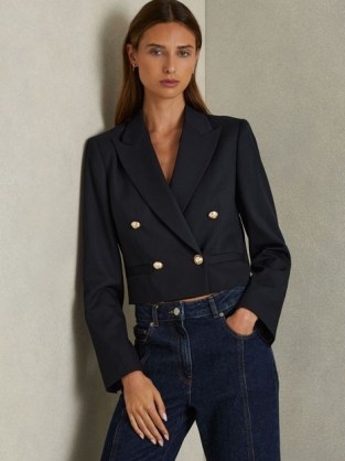 REISS Leigh Cropped Wool-Blend Double-Breasted Blazer Navy ~ women’s chic dark blue crop hem blazers